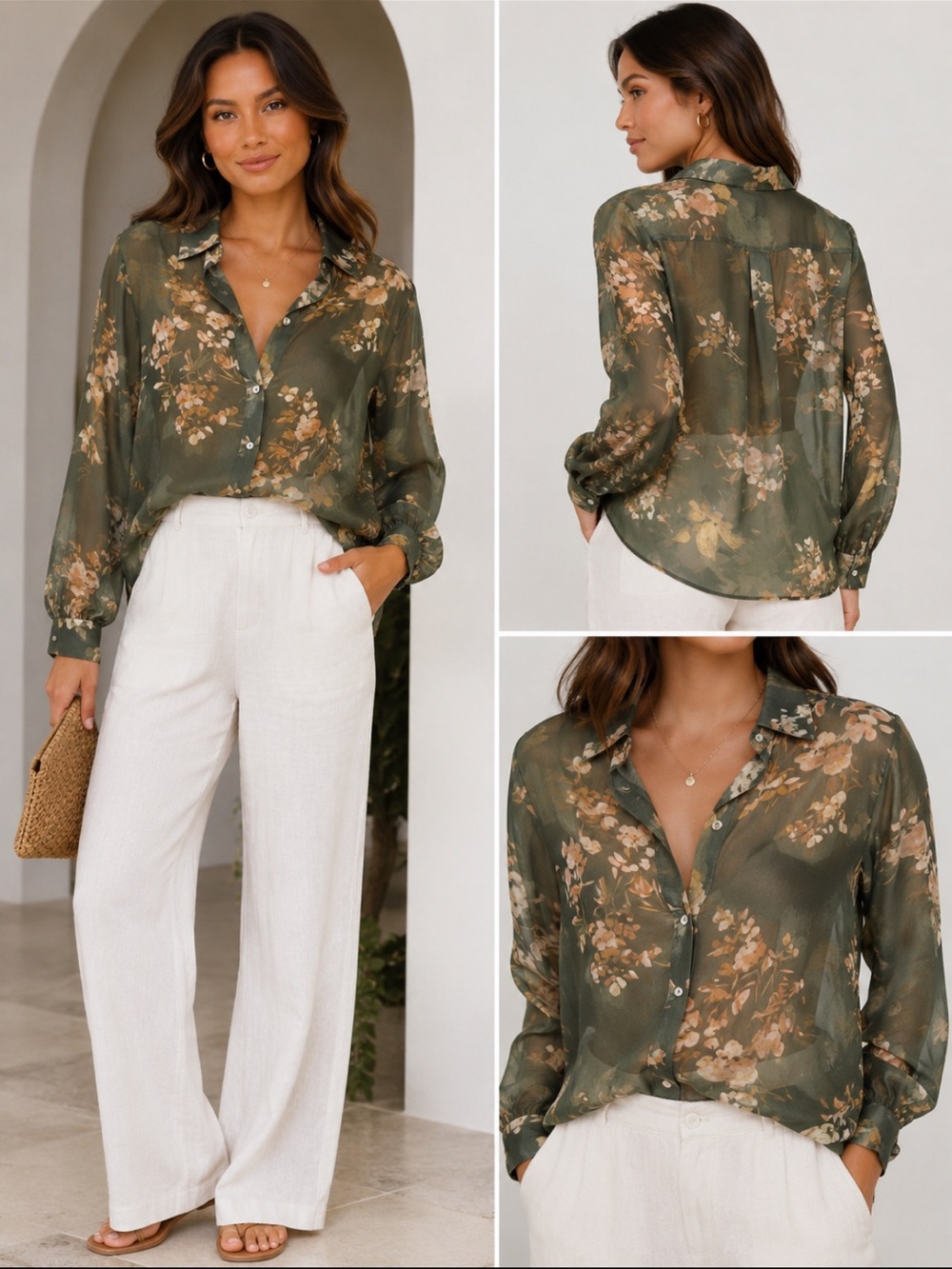 Zara Sheer Floral Button Front Blouse XS NWT Olive Green Romantic Top